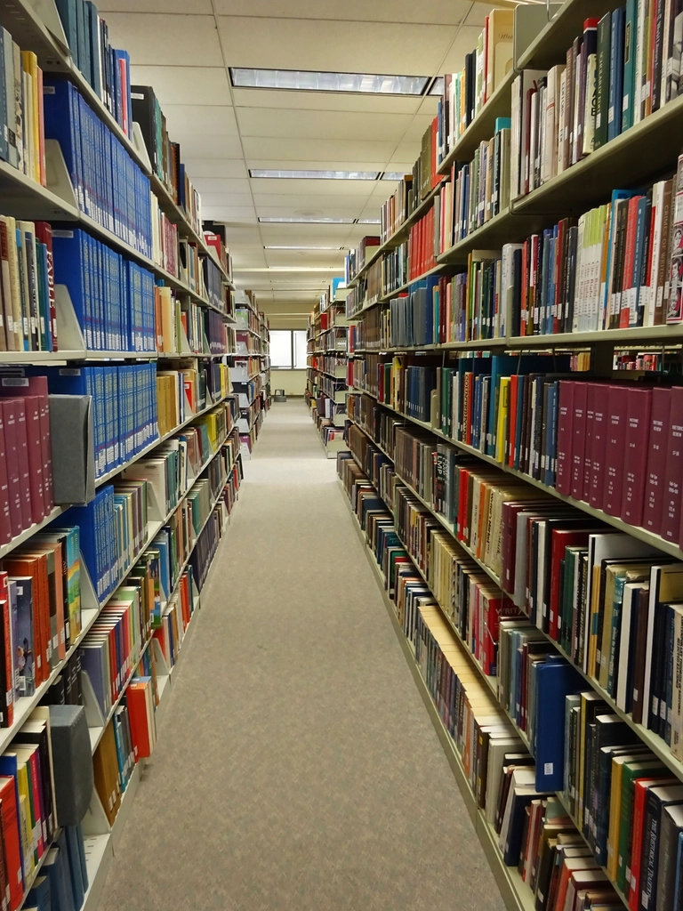 Long library aisle with bookshelves full of catalogued books