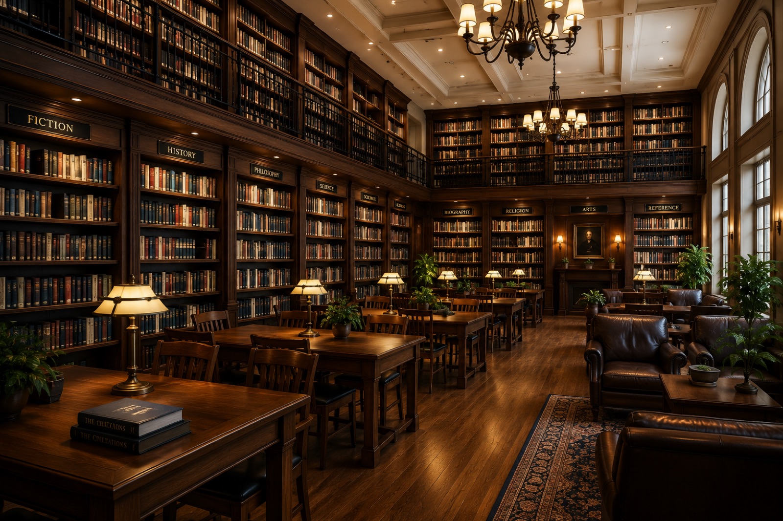 Library interior with rows of bookshelves for library management software