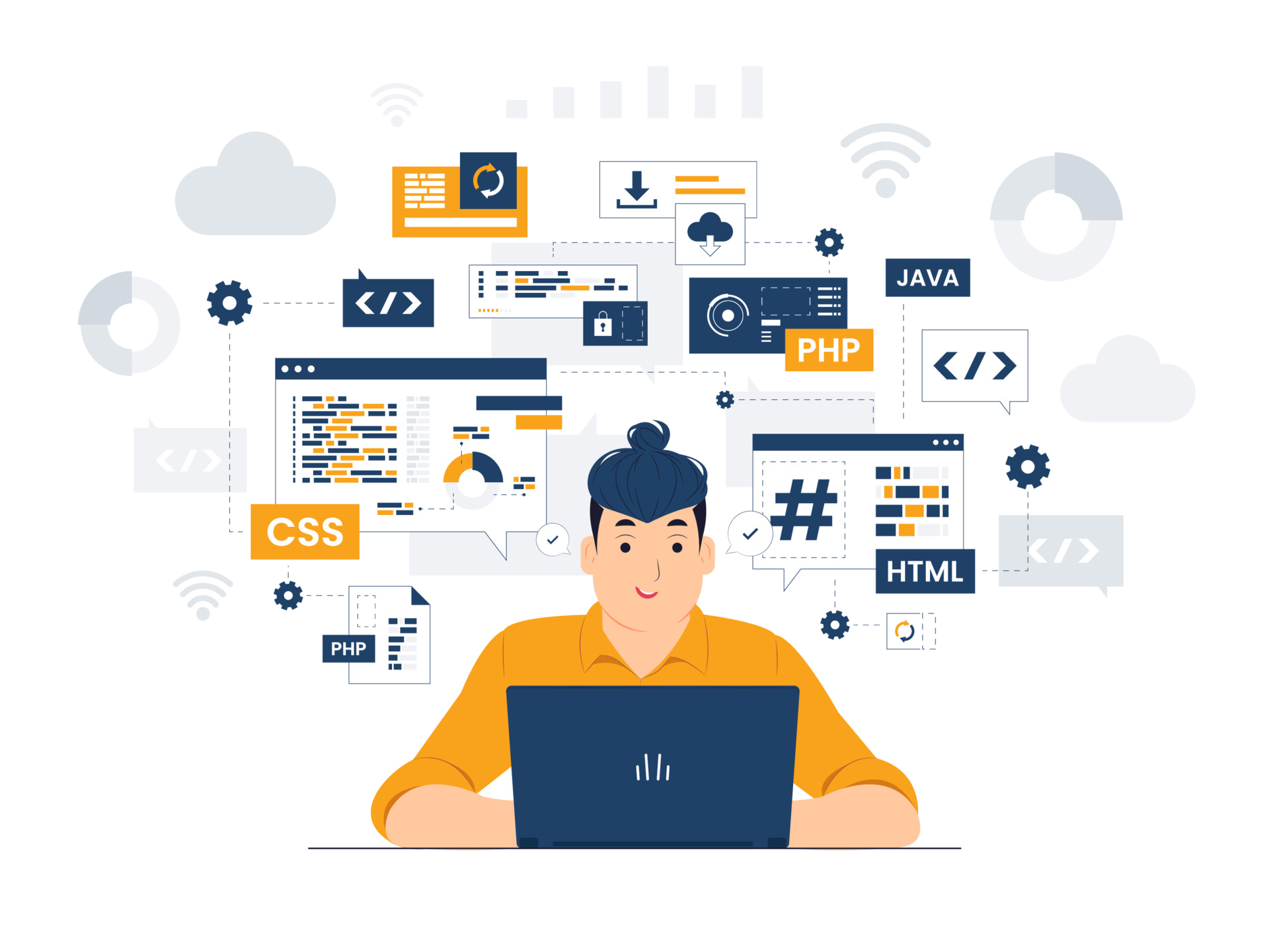 Developer working on custom software surrounded by code, PHP, CSS, HTML and Java icons